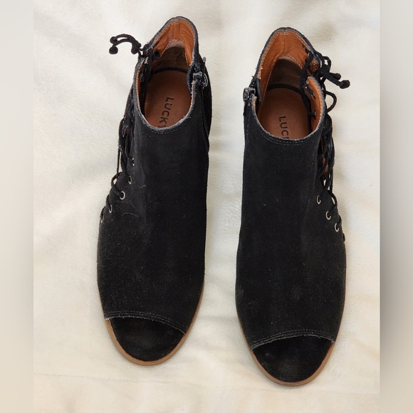 Lucky Brand Hartlee Brindle Heels Suede Lace Tie Ankle Boots Bootie Bohemian - Picture 2 of 13